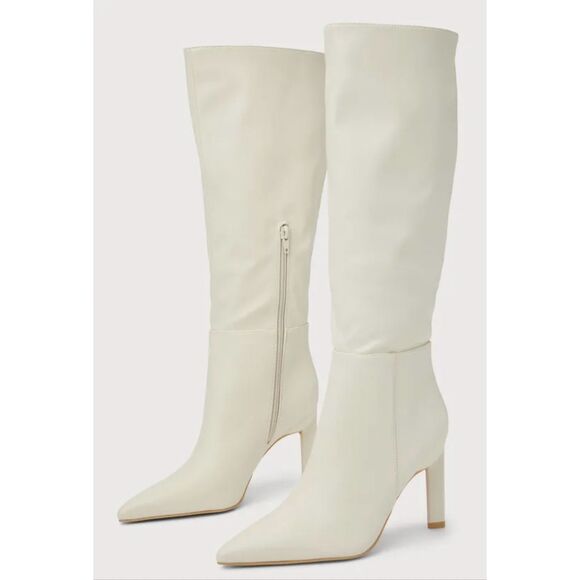 Lulus Olivet Cream Pointed-Toe Knee-High Boots 11 - Picture 1 of 9